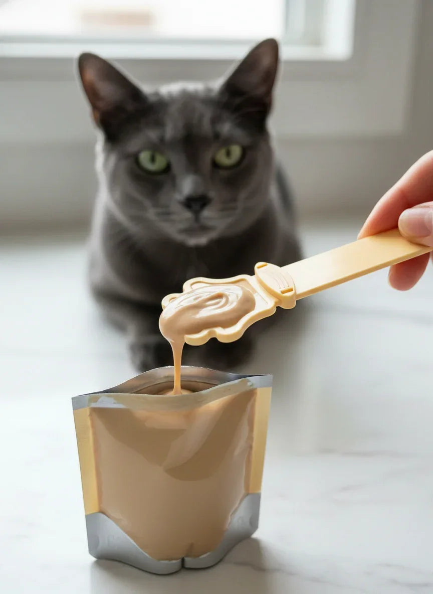 Cat watching as a hand pours a creamy substance from a pouch into a container.