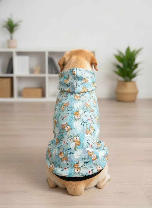 Dog wearing a blue patterned coat indoors on a wooden floor.