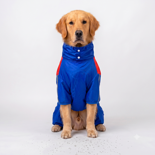 High-Neck Water-Resistant Dog Raincoat – Cobalt Blue & Scarlet Red Full-Body Jumpsuit