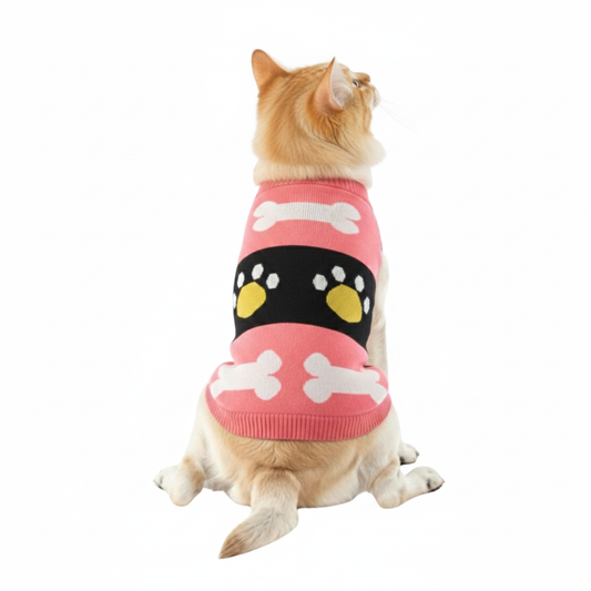 Cozy Paws Cat Winter Sweater - Adorable Pink Bone & Paw Print Knit for Your Feline Friend