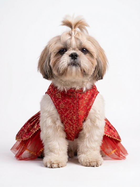 Royal Crimson Brocade Festive Pet Lehenga Dress