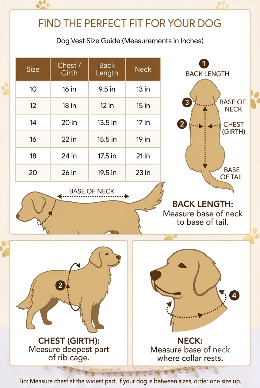 Cream Canvas Dog Vest with Dog Print | Designer Pet Tuxedo Vest with Pocket Square & Beaded Detail