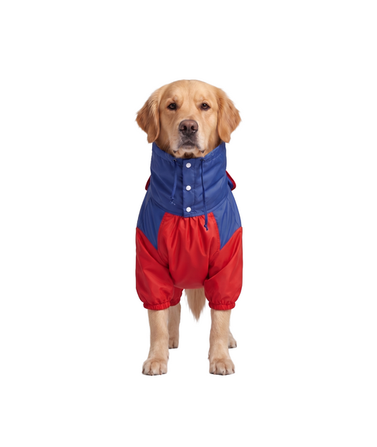 Waterproof Half-Sleeve Dog Raincoat with High Collar Hood – Full-Belly Rain Jacket for Medium to Large Dogs, Windproof Protective Dog Rain Suit with Adjustable Snaps, Blue & Red
