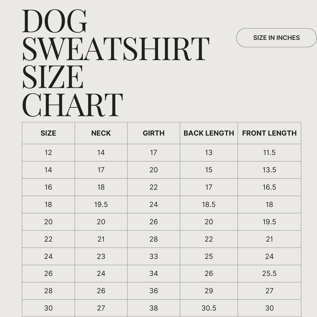 Dog sweatshirt size chart with measurements in inches