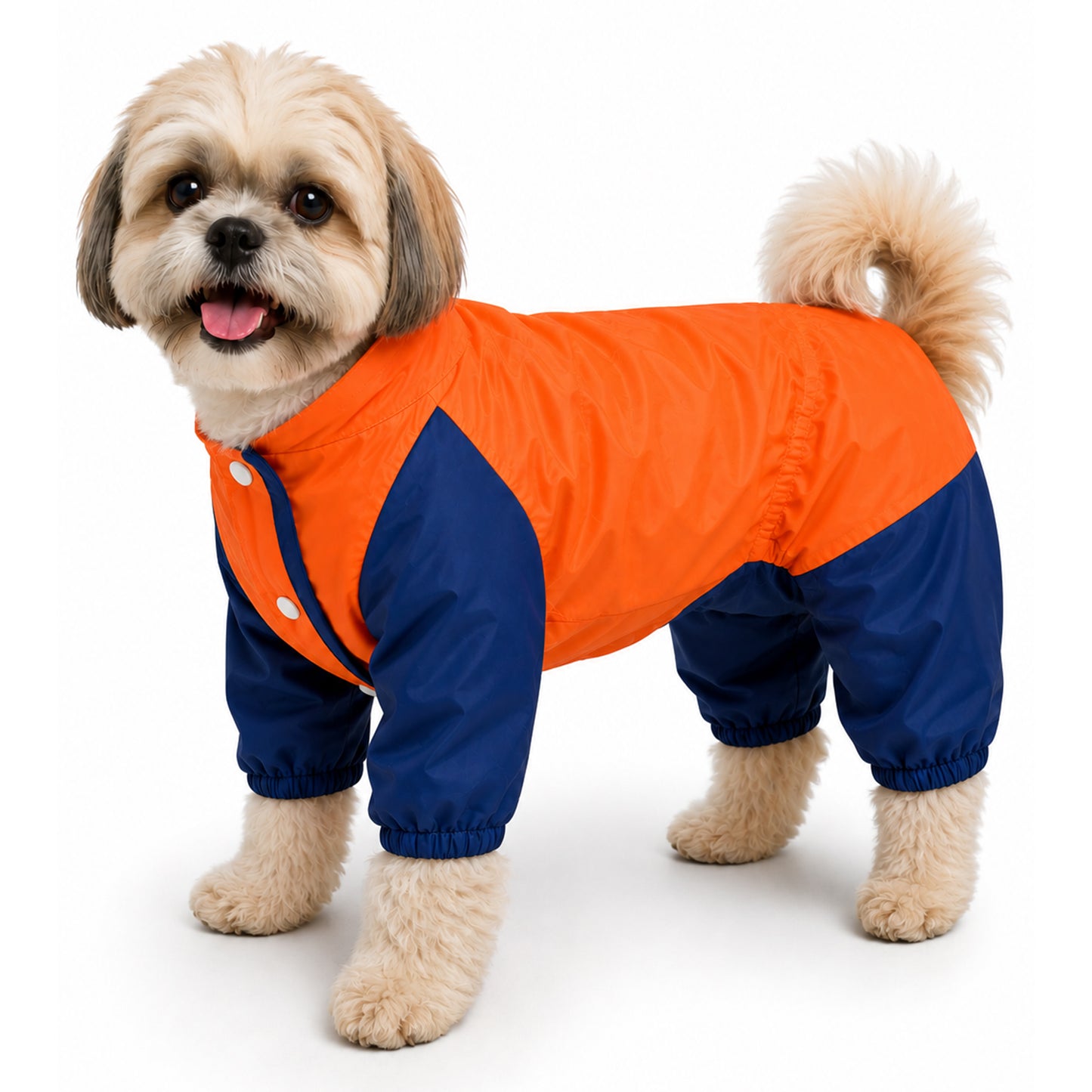 A small fluffy dog wearing a bright orange and navy blue pet jacket, standing against a clean white background.
