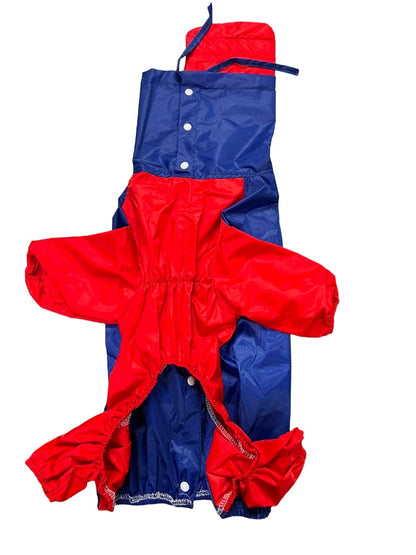 Waterproof Half-Sleeve Dog Raincoat with High Collar Hood – Full-Belly Rain Jacket for Medium to Large Dogs, Windproof Protective Dog Rain Suit with Adjustable Snaps, Blue & Red