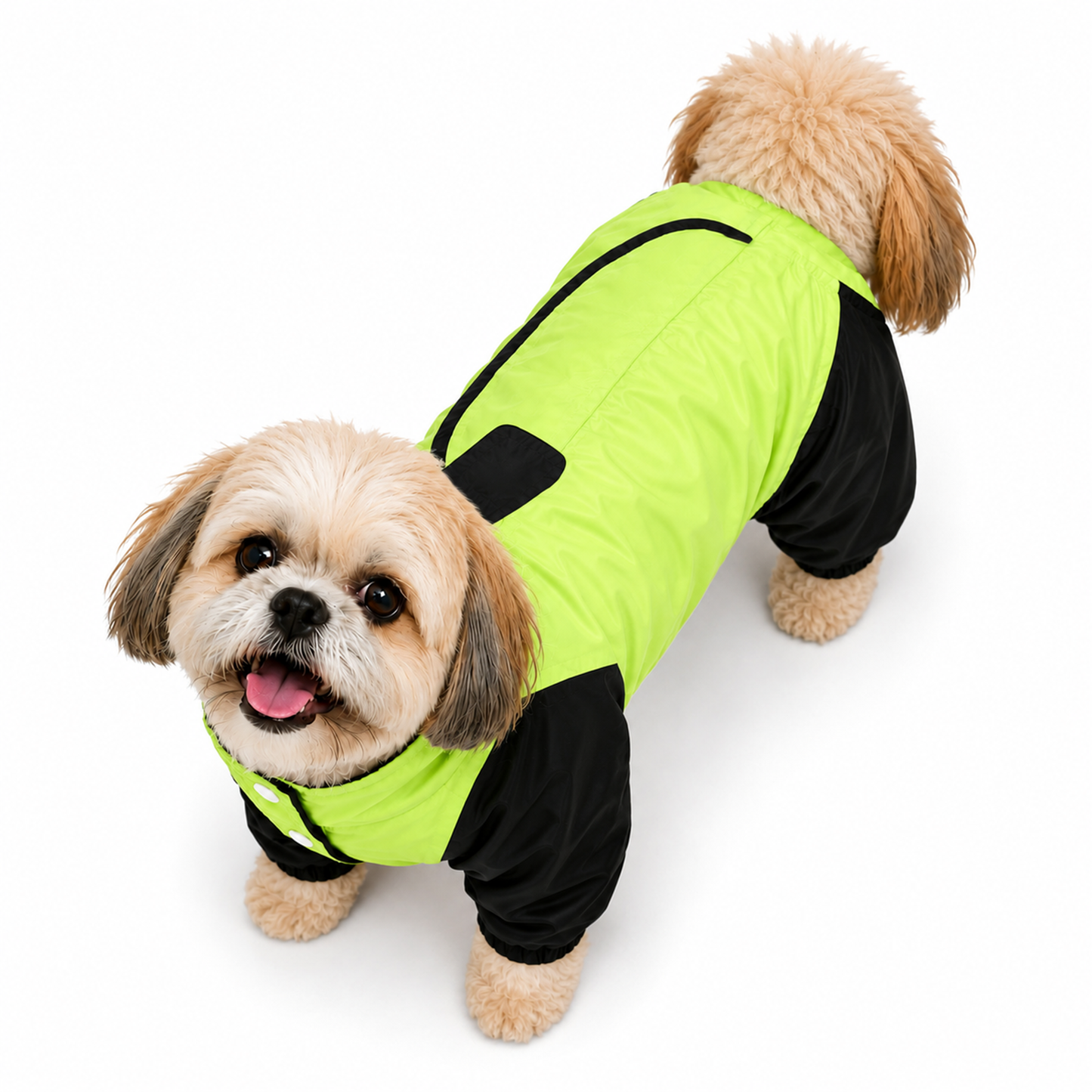 Furry Freak Waterproof Dog Raincoat – Full Body Rain Jumpsuit with 4-Leg Coverage | Ultra High-Visibility Dual-Tone Rain Jacket for all breeds (Neon Lime Green & Black)