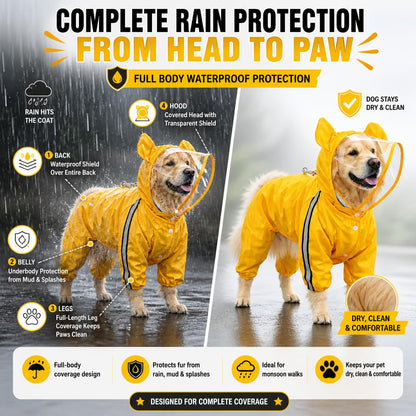 Bold Yellow Full-Body Dog Raincoat with Clear View Protective Hood