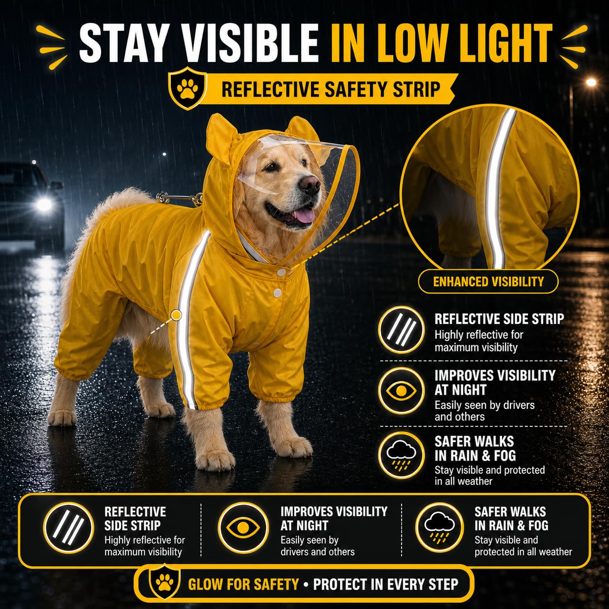 Bold Yellow Full-Body Dog Raincoat with Clear View Protective Hood