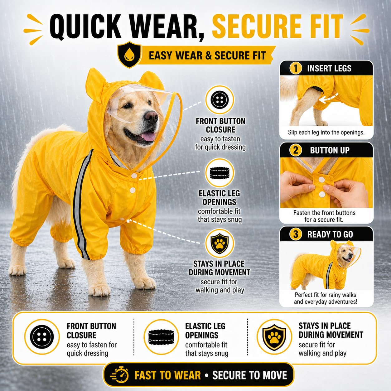Bold Yellow Full-Body Dog Raincoat with Clear View Protective Hood