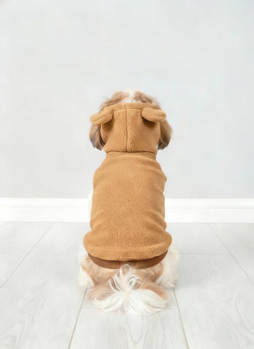 Cozy Bear-Eared Sleeveless Fleece Dog Hoodie - Warm Brown Comfort for Small Dogs