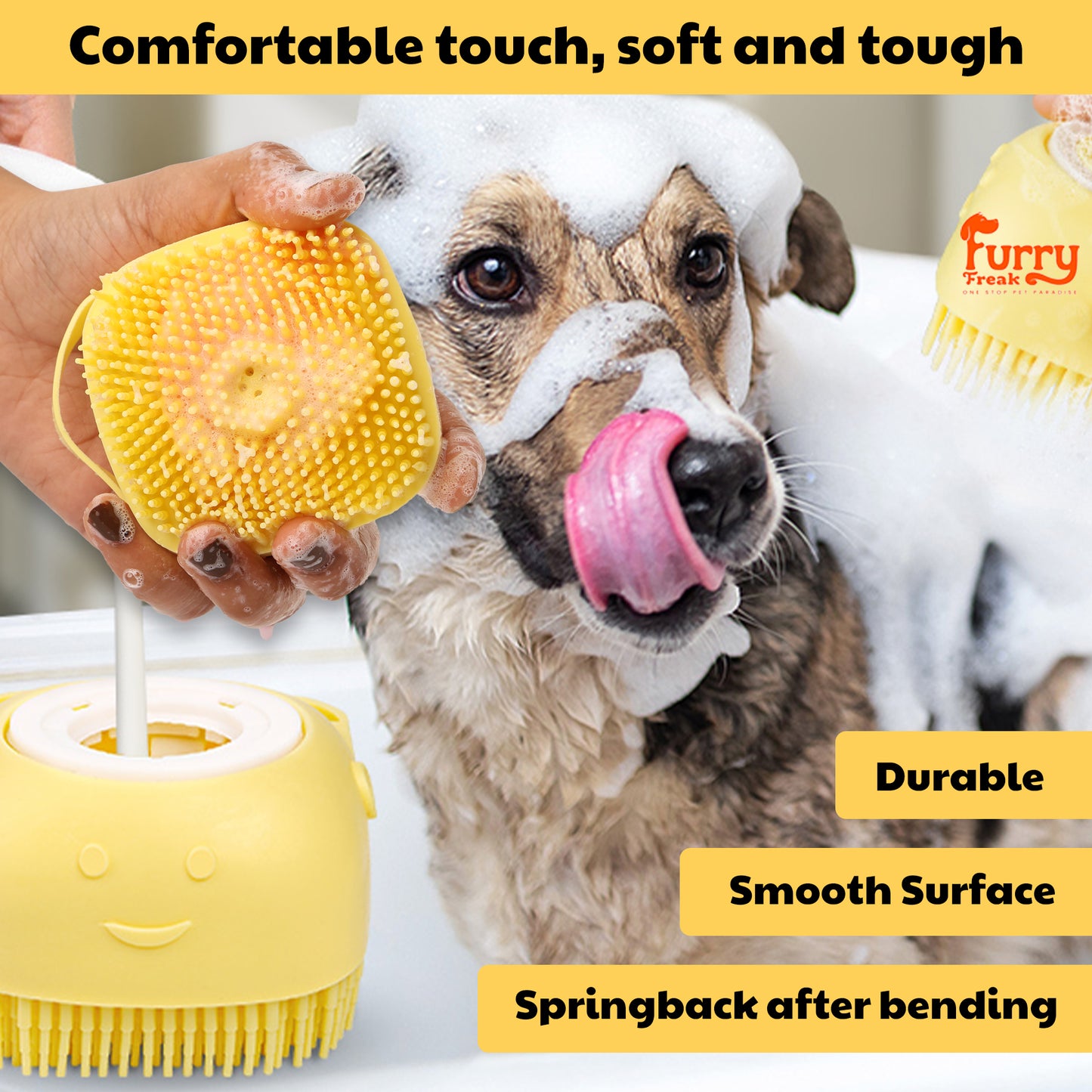 Furry Freak Silicone Multi-Functional Bath Brush – Shampoo Dispenser & Massager for Dogs and Cats