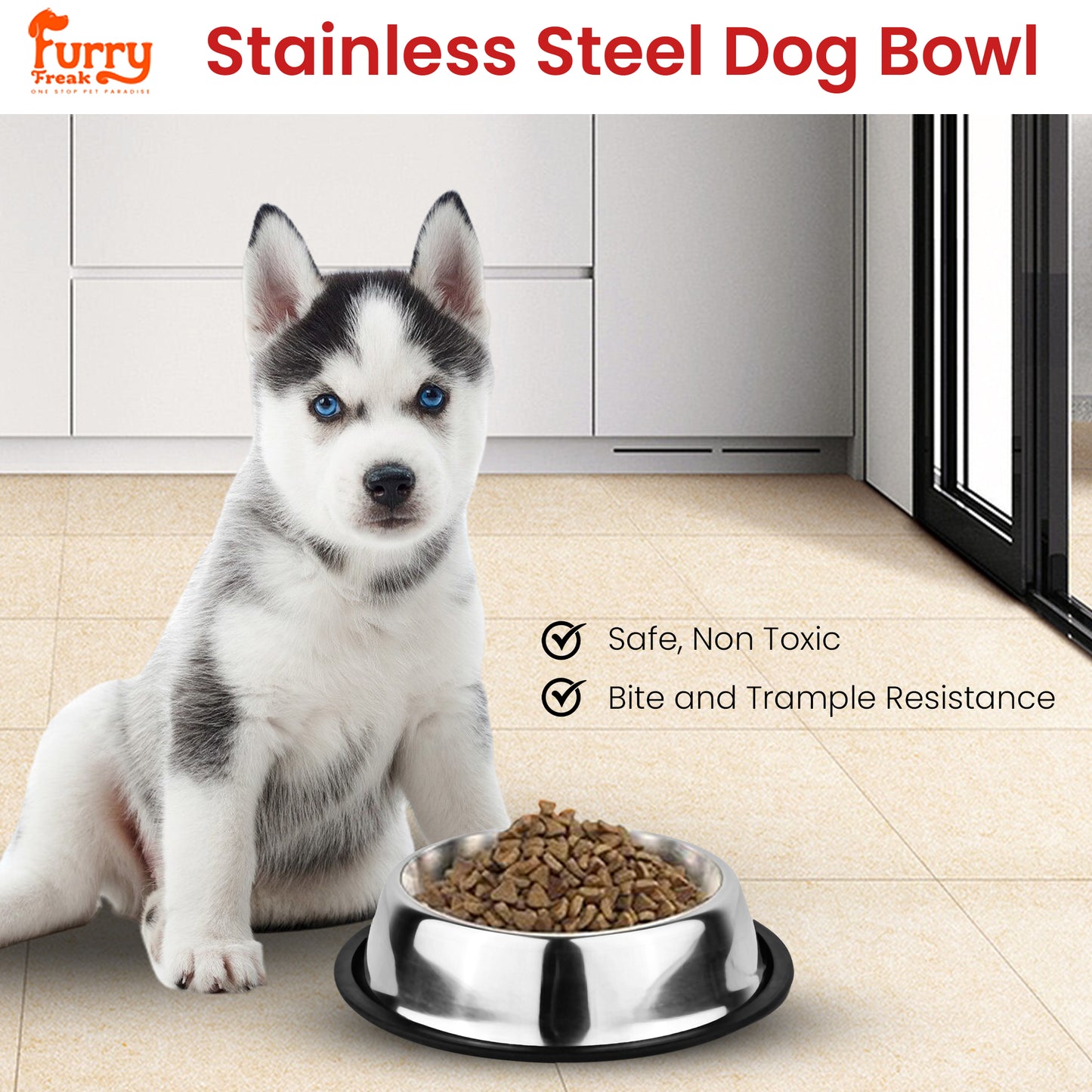 Furry Freak Stainless Steel Anti-Skid Pet Bowl – Durable Feeding Bowl for Dogs & Cats
