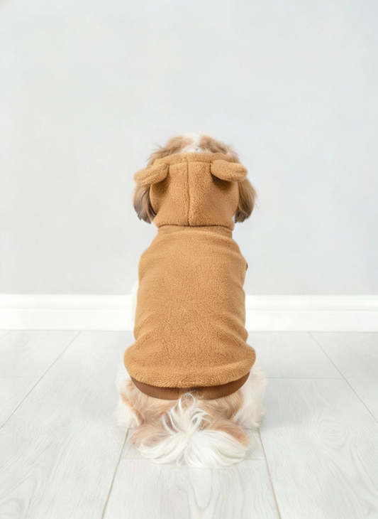 Dog wearing a brown dog coat with ears on a light gray floor and background