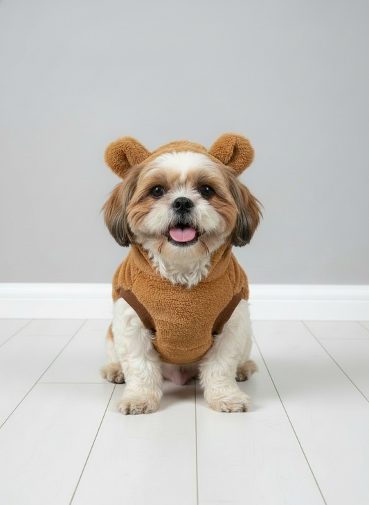 Dog wearing a brown bear costume with ears on a gray floor.
