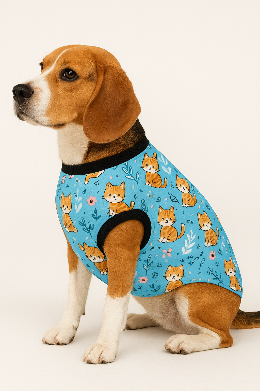 Playful Paws Blue Cat & Leaf Print Dog T-Shirt – Soft & Stylish Winter Tee for Dogs(and more!)
