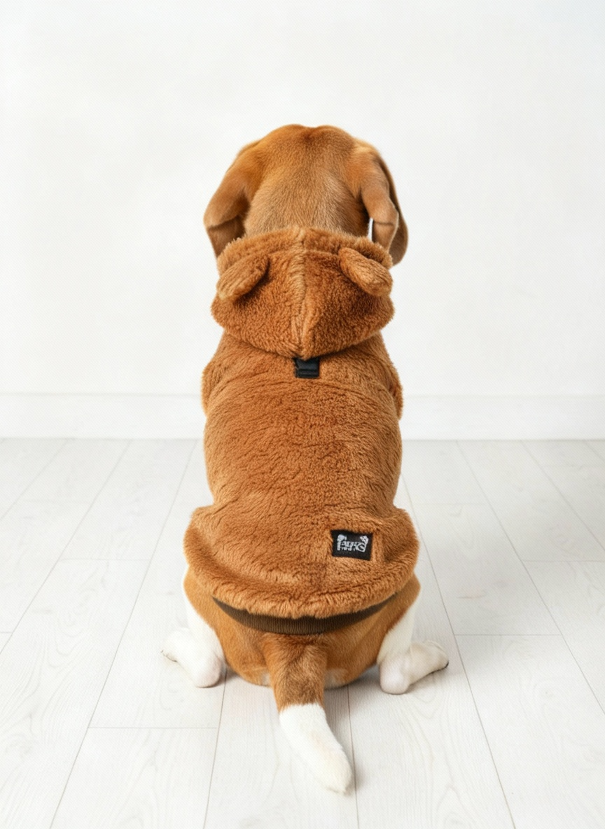Dog wearing a brown fleece hoodie on a white floor and white wall