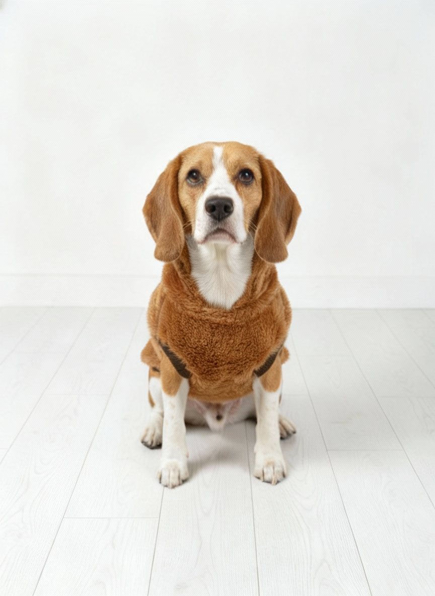 Dog wearing a brown sweater sitting on a white floor.