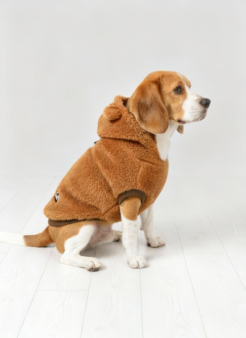 Dog wearing a brown fleece coat on a white floor