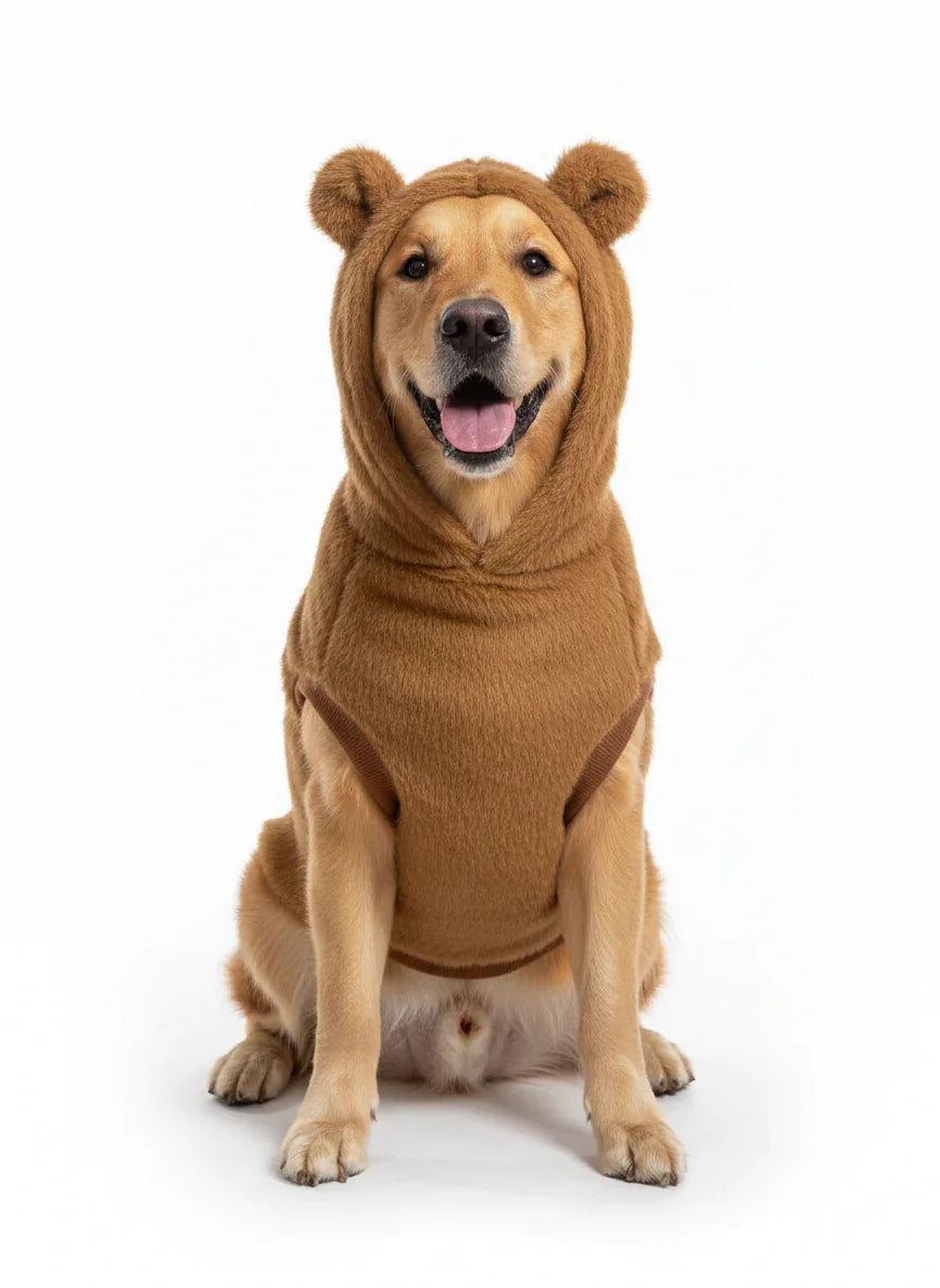 Dog wearing a brown bear costume on a white background