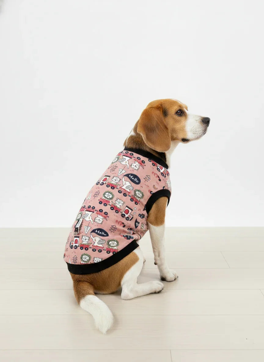 Sweet Adventure Pink Train & Animal Print Dog T-Shirt – Adorable Winter Tee for Dogs (and more!)
