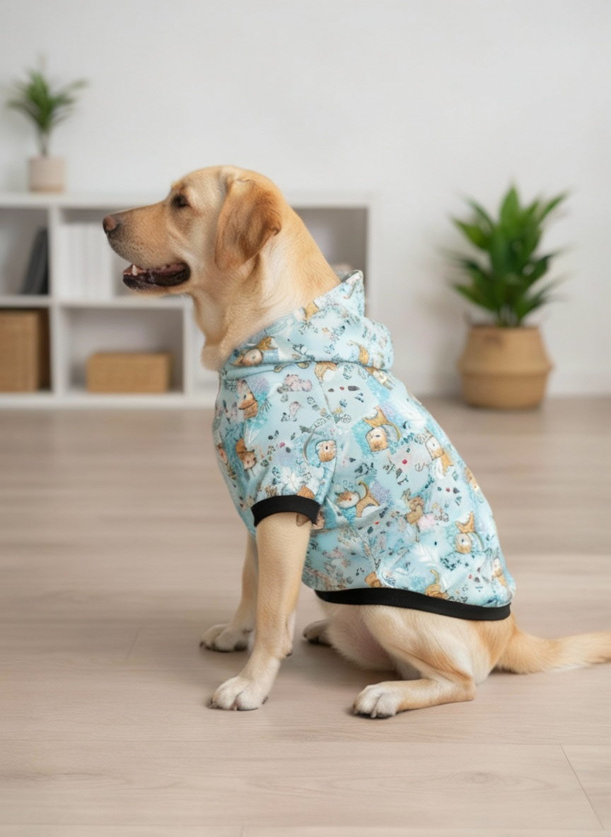 Dog wearing a blue patterned coat indoors with plants and shelves in the background