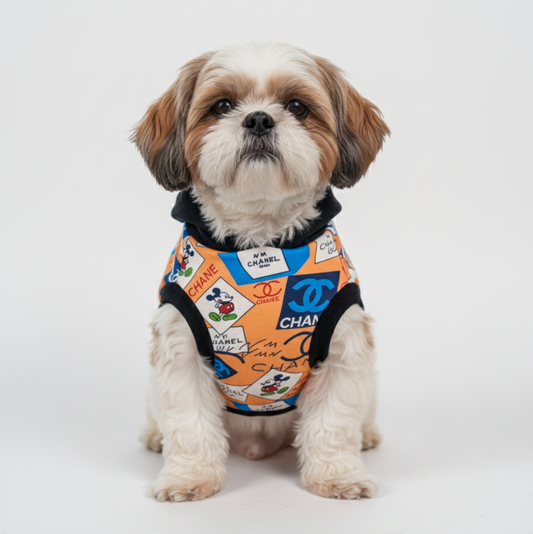 Small dog wearing a colorful patterned harness on a white background