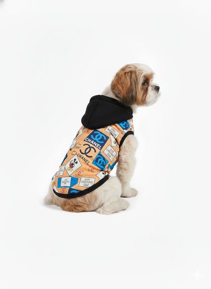 Dog wearing a patterned coat with visible branding on a white background