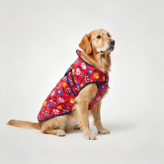 Dog wearing a red floral patterned coat on a light gray background