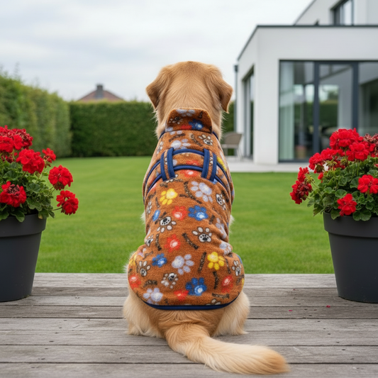 Dog wearing a colorful sweater with floral patterns sitting on a wooden deck with potted plants and a house in the background.
