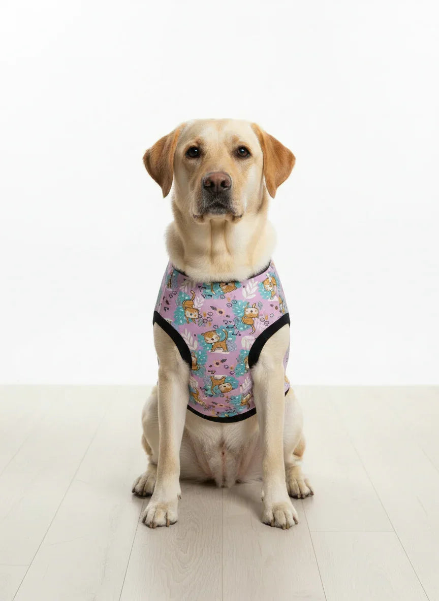 Dog wearing a colorful harness on a white background