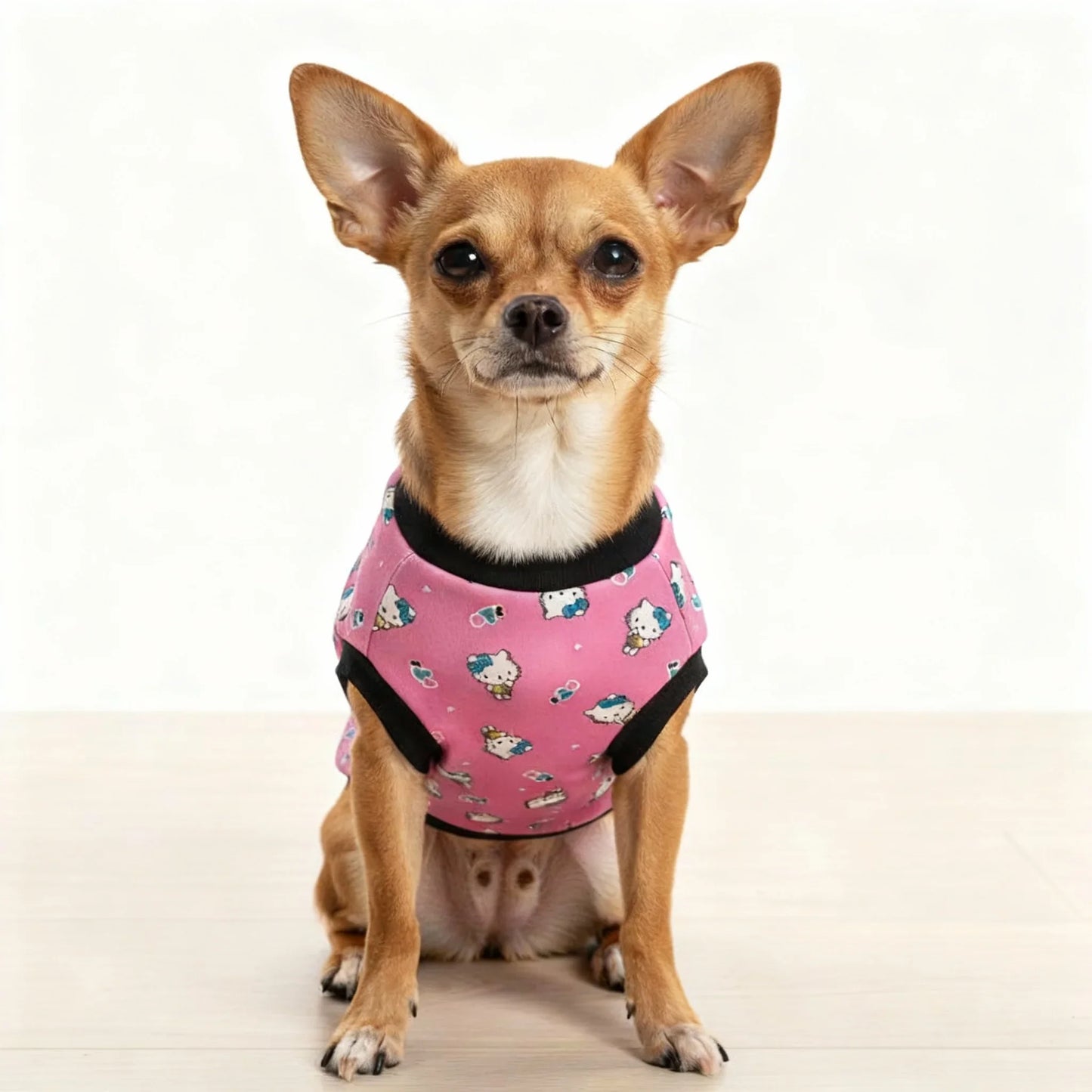 Small dog wearing a pink outfit with cartoon designs on a white background