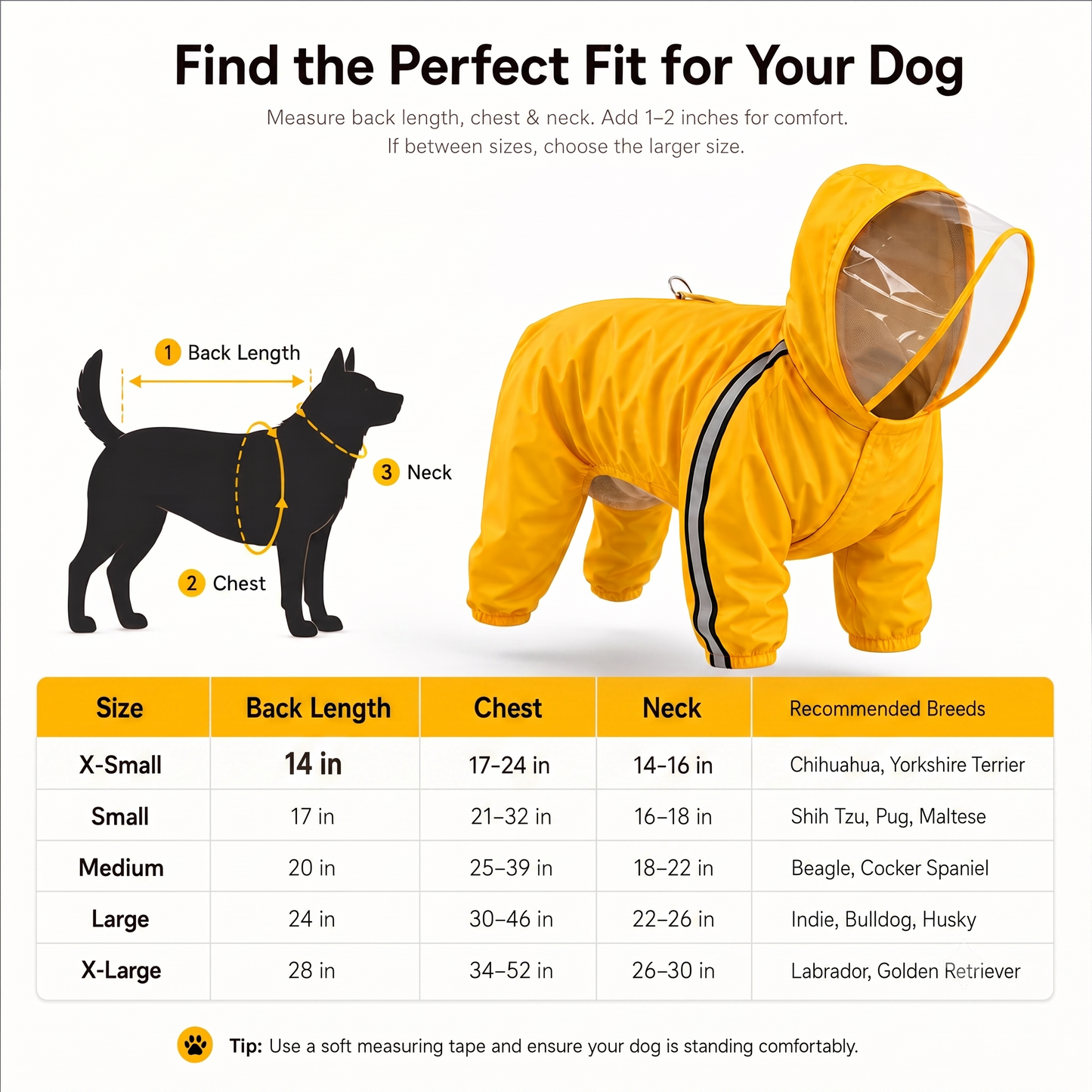 Bold Yellow Full-Body Dog Raincoat with Clear View Protective Hood