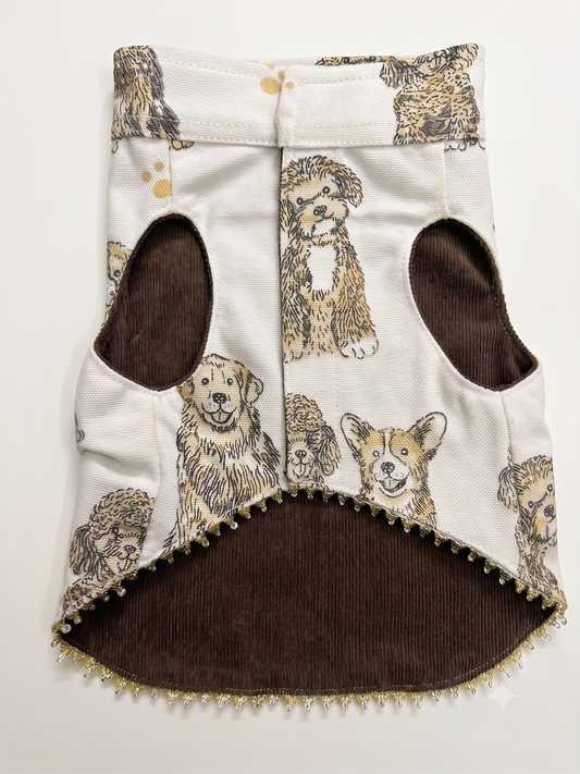 Cream Canvas Dog Vest with Dog Print | Designer Pet Tuxedo Vest with Pocket Square & Beaded Detail