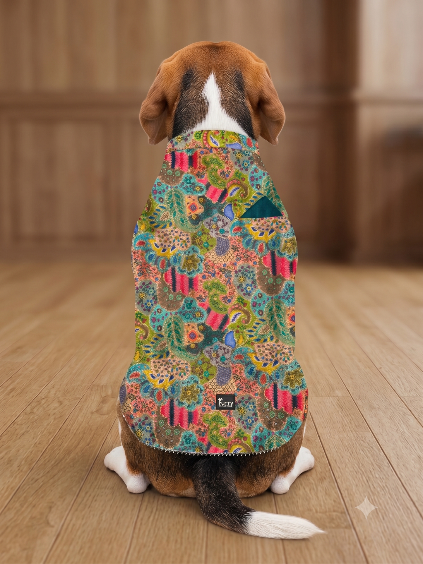 Royal Multi-Color Brocade Dog Sherwani with Teal Accents & Pearl Bead Lace