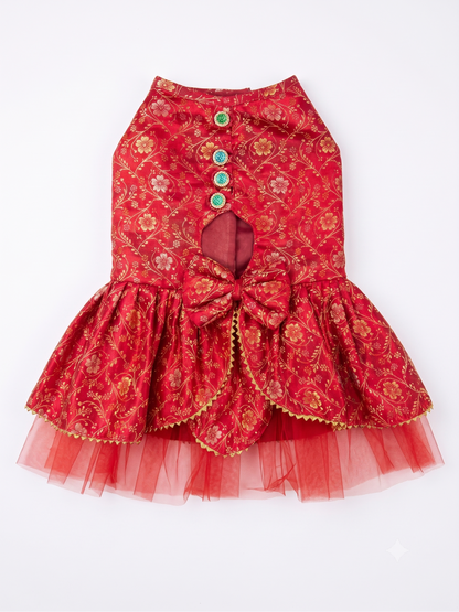Royal Crimson Brocade Festive Pet Lehenga Dress