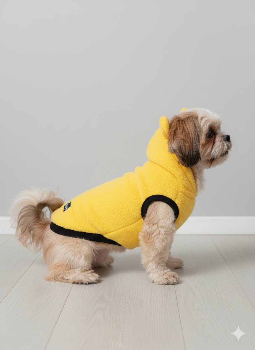 Furry Freak™ Sunny Yellow Bear-Eared Sleeveless Fleece Dog Hoodie - Bright & Cozy for Small Pups!