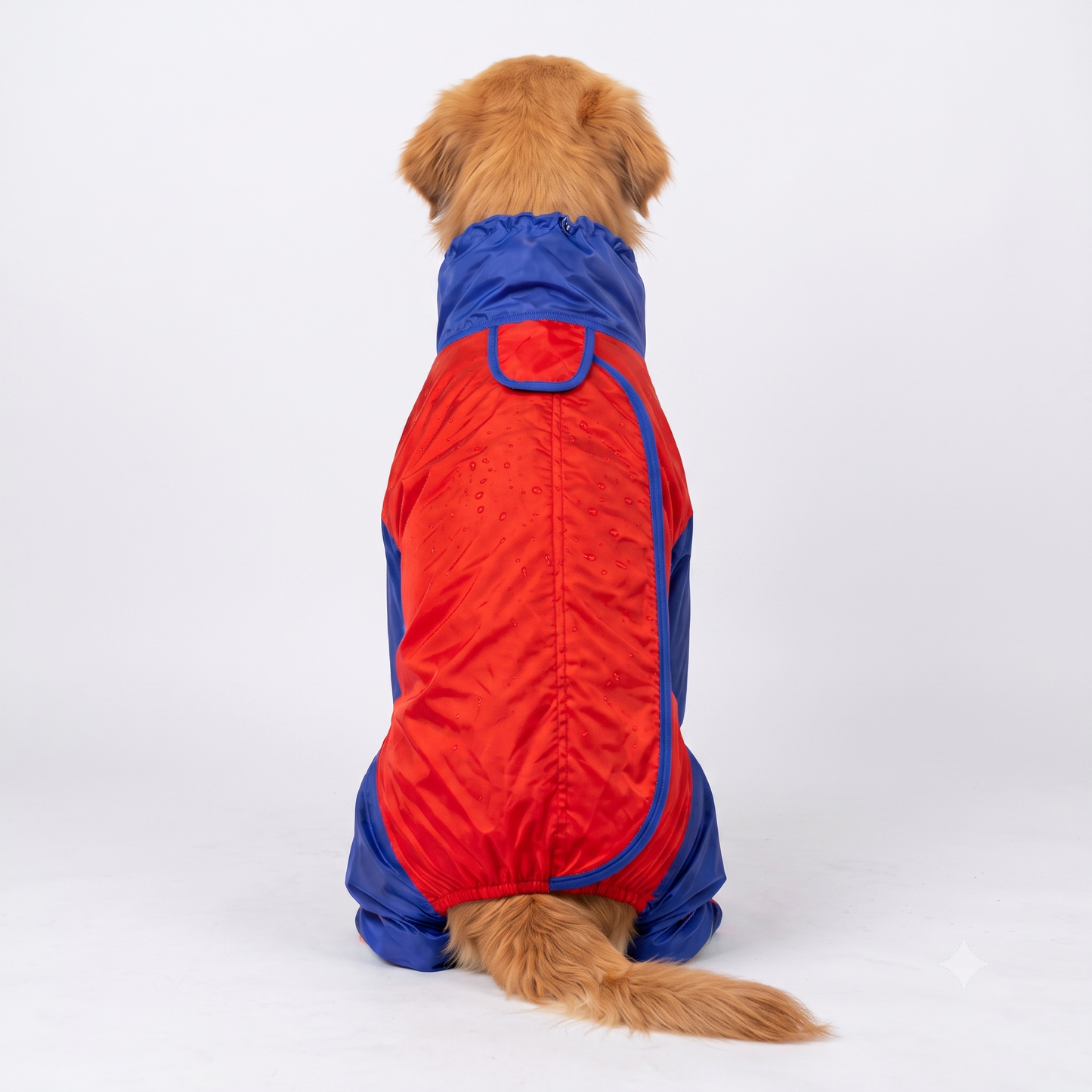 High-Neck Water-Resistant Dog Raincoat – Cobalt Blue & Scarlet Red Full-Body Jumpsuit