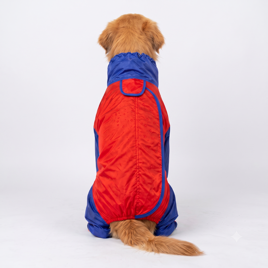 High-Neck Water-Resistant Dog Raincoat – Cobalt Blue & Scarlet Red Full-Body Jumpsuit