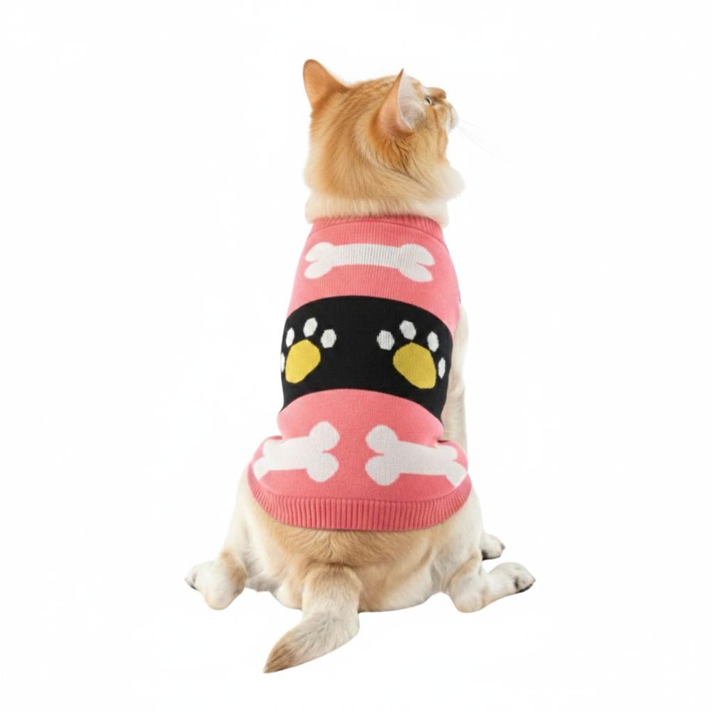 Cozy Paws Cat Winter Sweater - Adorable Pink Bone & Paw Print Knit for Your Feline Friend