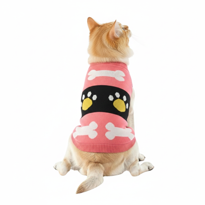 Cozy Paws Cat Winter Sweater - Adorable Pink Bone & Paw Print Knit for Your Feline Friend