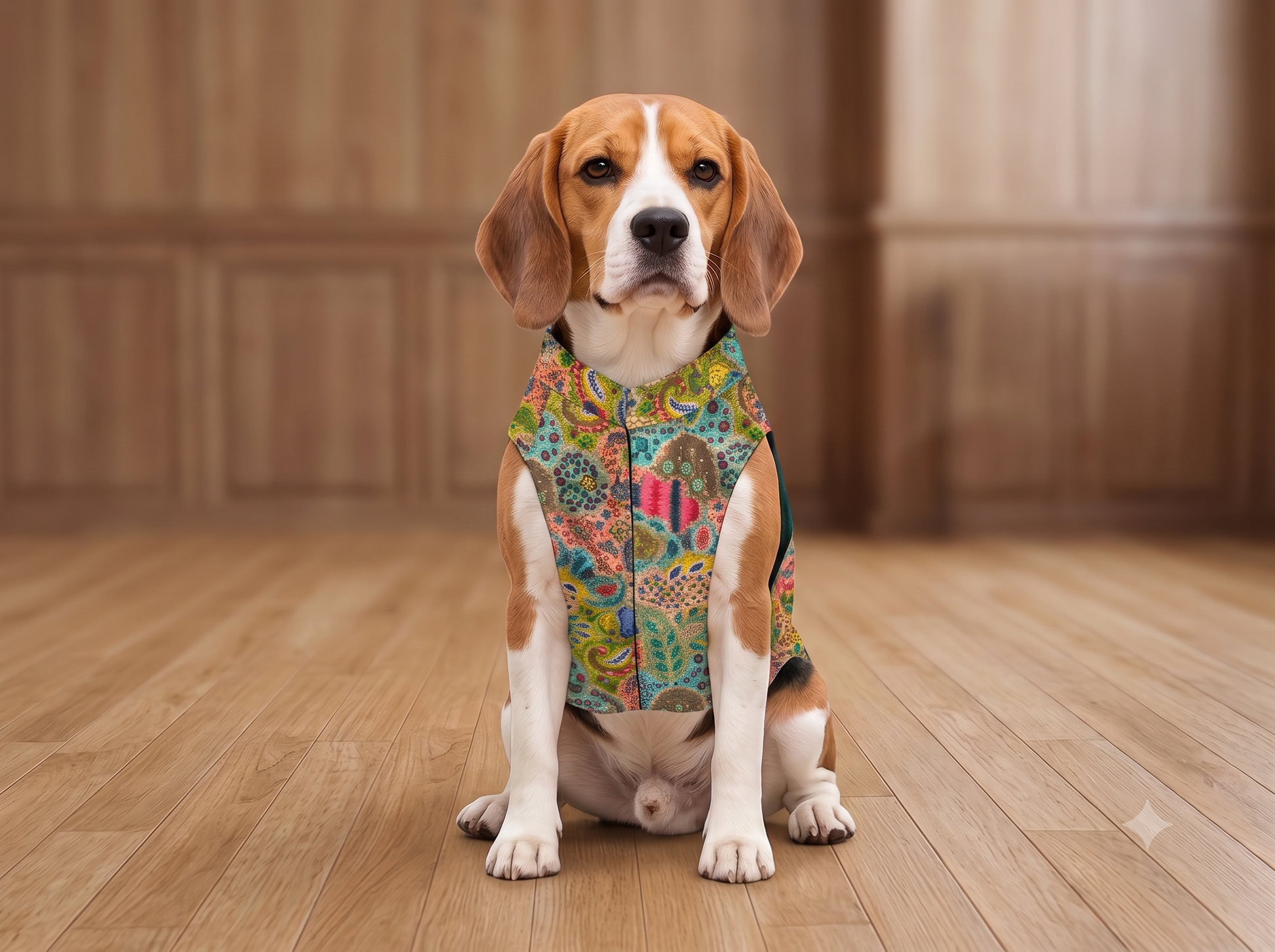 A beagle dog wearing a colorful paisley-patterned pet vest, sitting on a polished wooden floor against a matching wooden paneled background.