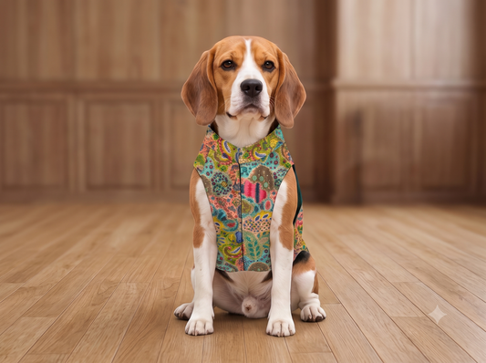 A beagle dog wearing a colorful paisley-patterned pet vest, sitting on a polished wooden floor against a matching wooden paneled background.
