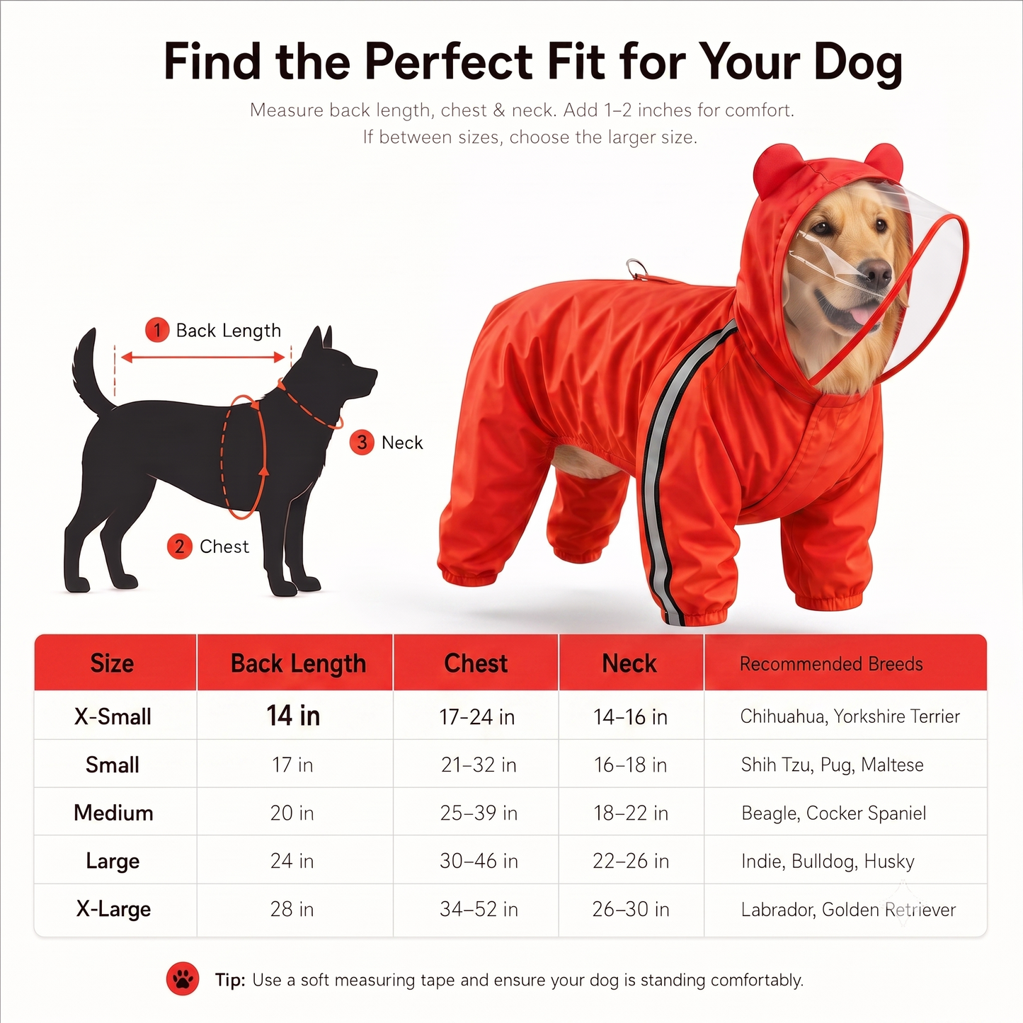 Bold Red Full-Body Dog Raincoat with Clear View Protective Hood
