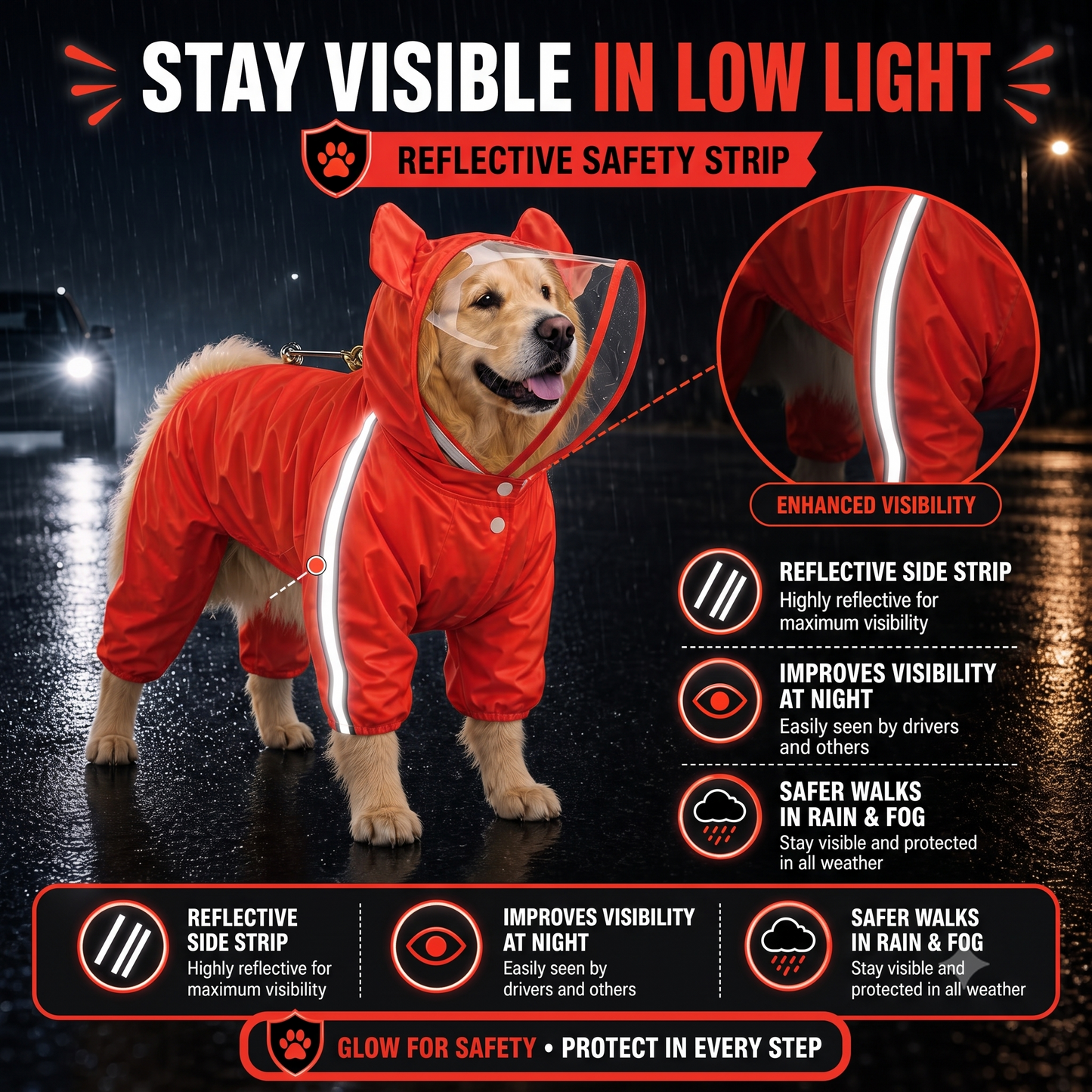 Bold Red Full-Body Dog Raincoat with Clear View Protective Hood