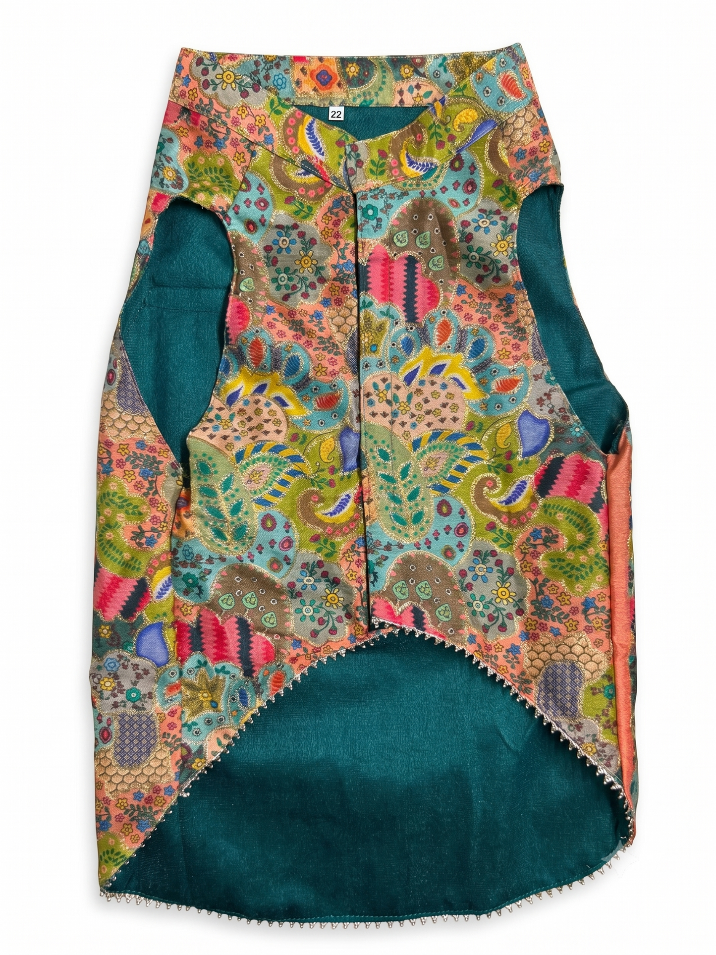 Royal Multi-Color Brocade Dog Sherwani with Teal Accents & Pearl Bead Lace