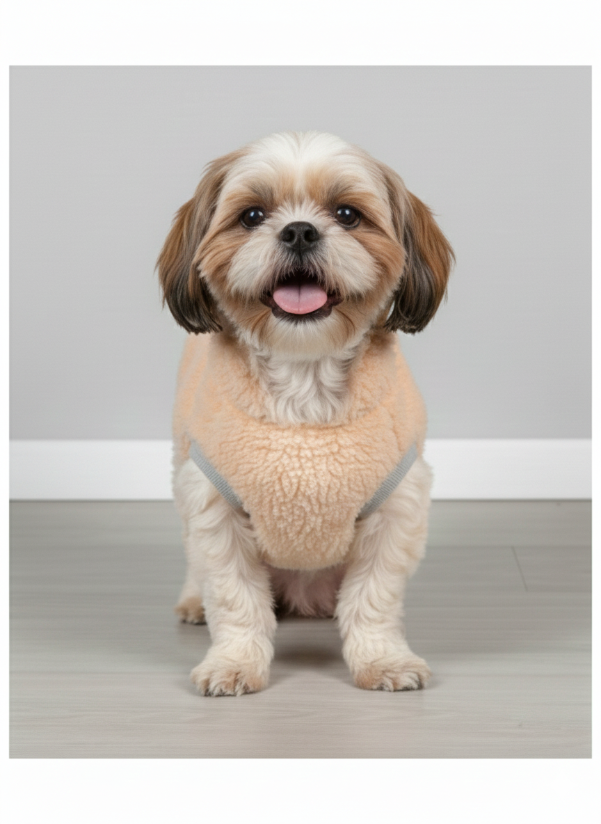 Small dog wearing a beige sweater with a gray harness on a light gray background