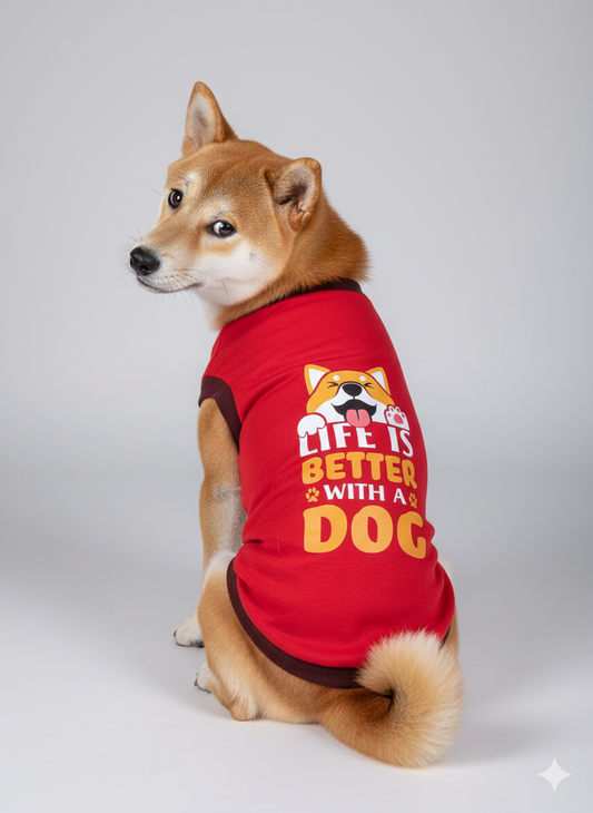 "Life is Better With a Dog" – Premium Red Sleeveless Dog T-Shirt