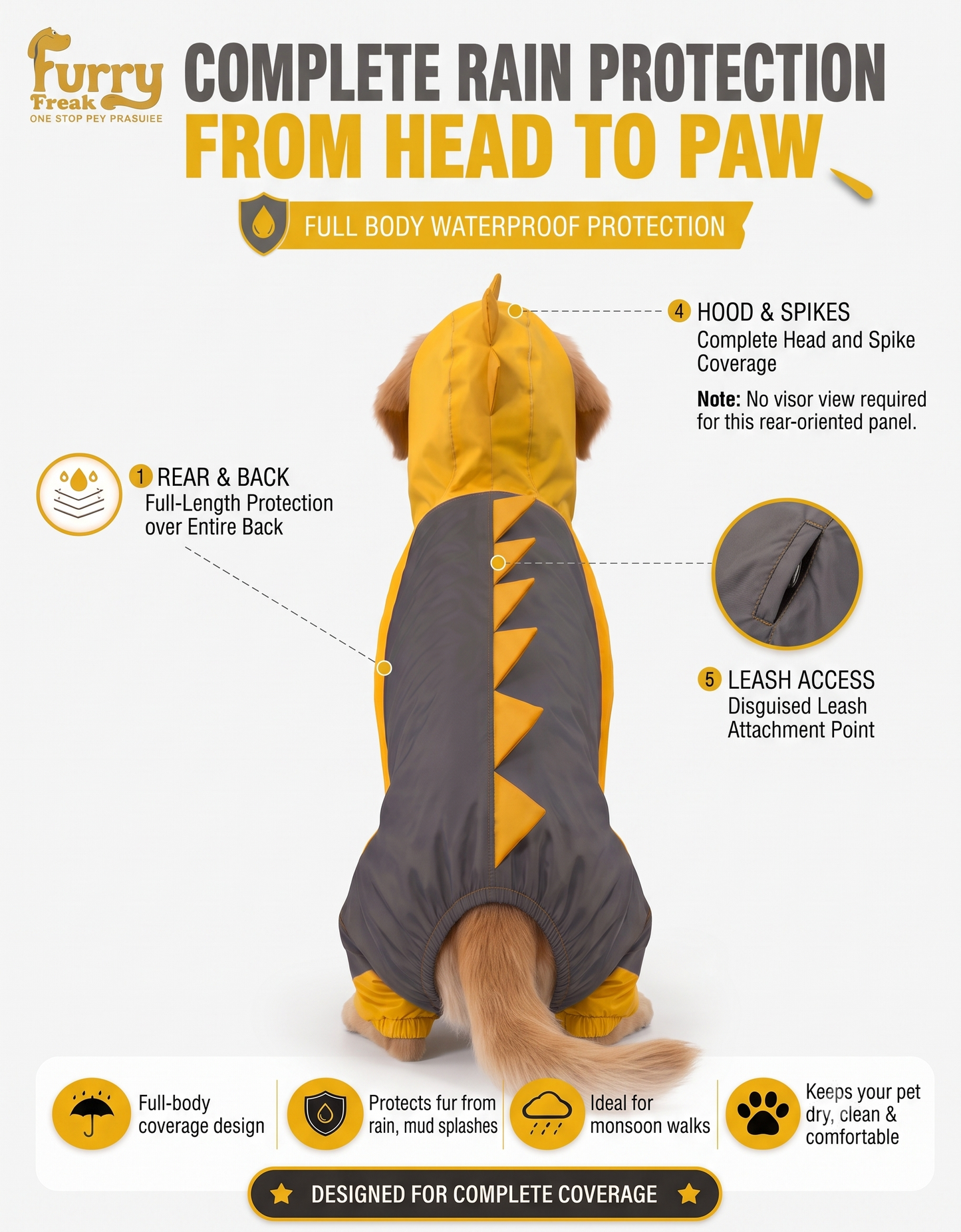 🦖 Yellow & Grey Full-Body Dino Dog Raincoat | 100% Waterproof Coverage