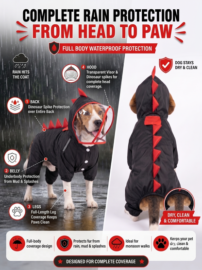Full-Coverage Waterproof Dog Raincoat with Hood & Dinosaur Spikes | Breathable All-Weather Pet Rain Suit